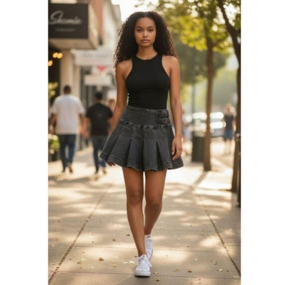Wild Fable Rinsed Black Pleated Mini Jean Skirt With Undershorts - Size 0 Womens